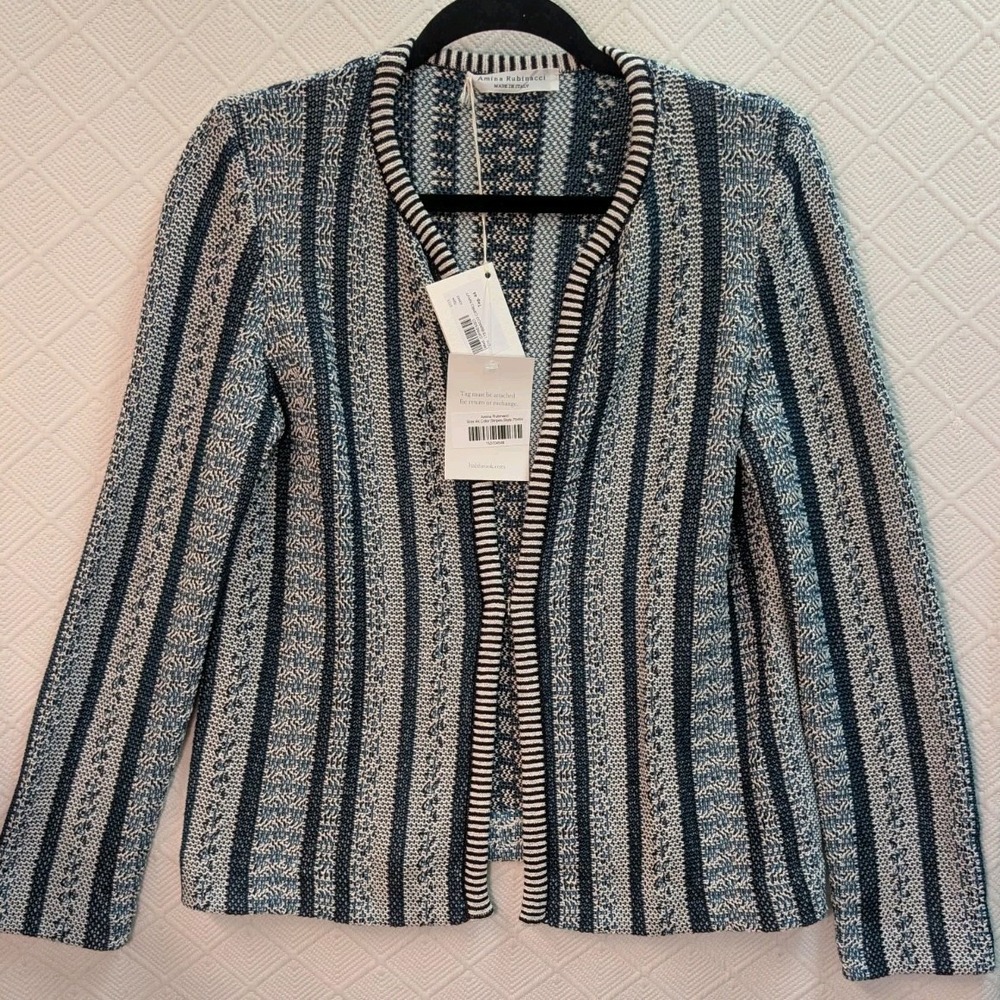 NWT Amina Rubinacci 44/L  Cipresso Cardigan Jacket In Navy/Multi Stripe